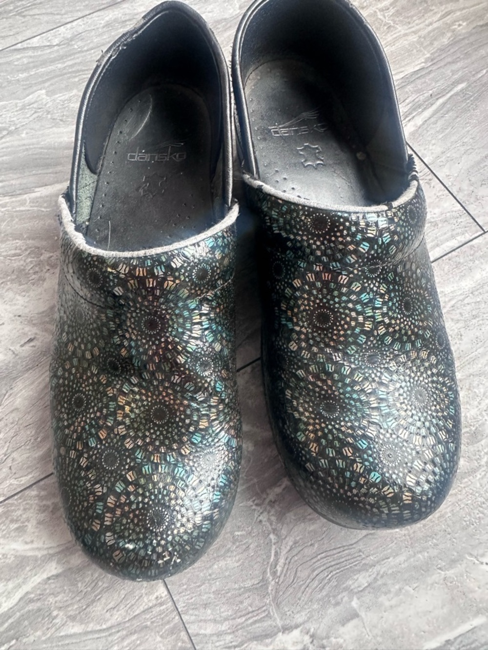 Dansko Black Mosaic-Patterned Clogs with Iridescent Accents Size 39